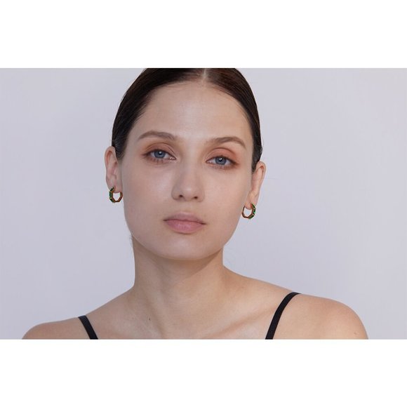 Green Zircon Small‎ Hoop Earrings Bamboo Shape 18K Gold Plated Stainless Steel - Picture 8 of 9